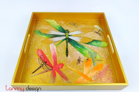 Yellow square lacquer tray hand-painted with dragonfly 30cm